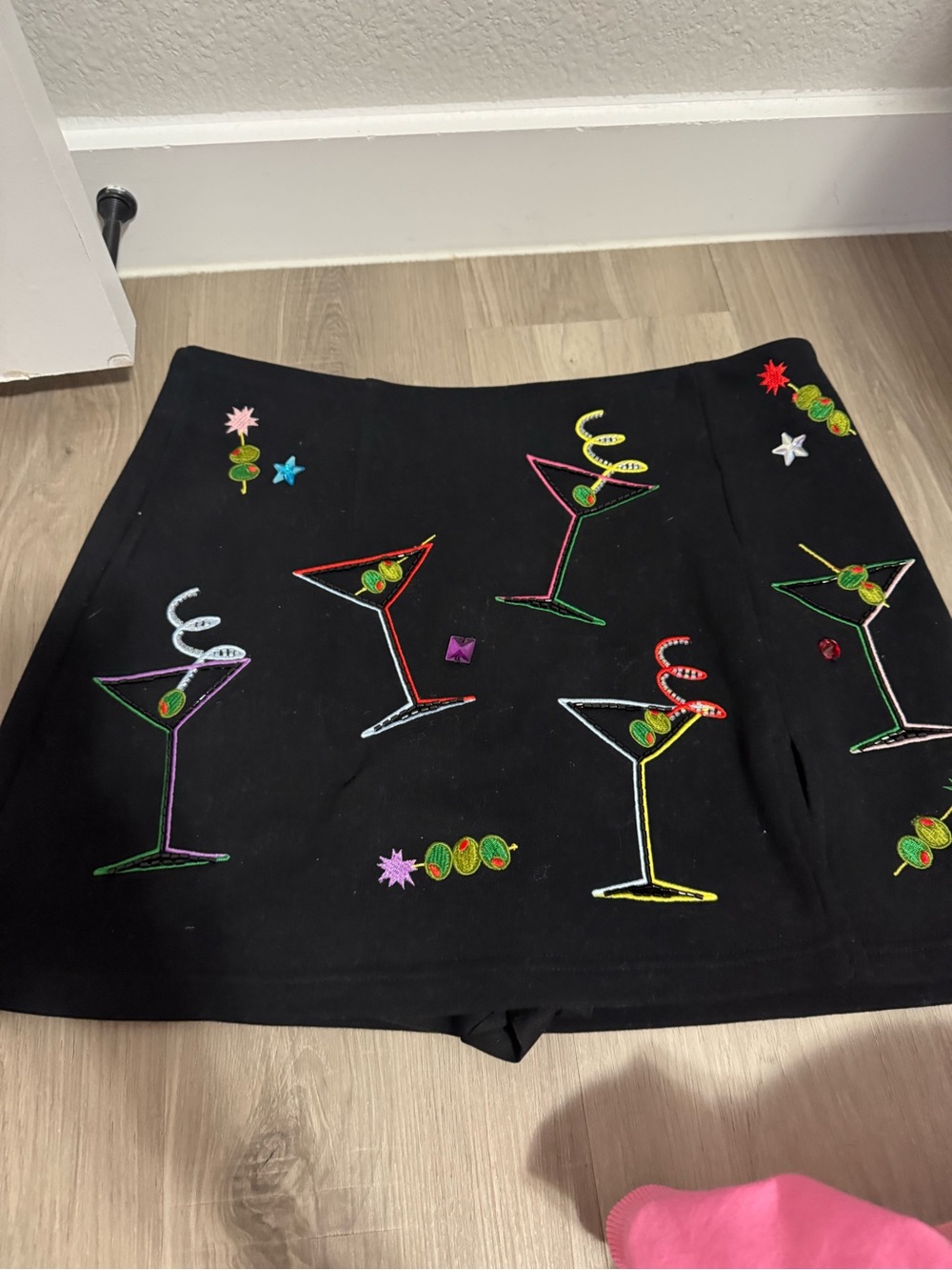 QUEEN OF SPARKLES Black Mini Skirt with Neon Cocktail Embroidery
